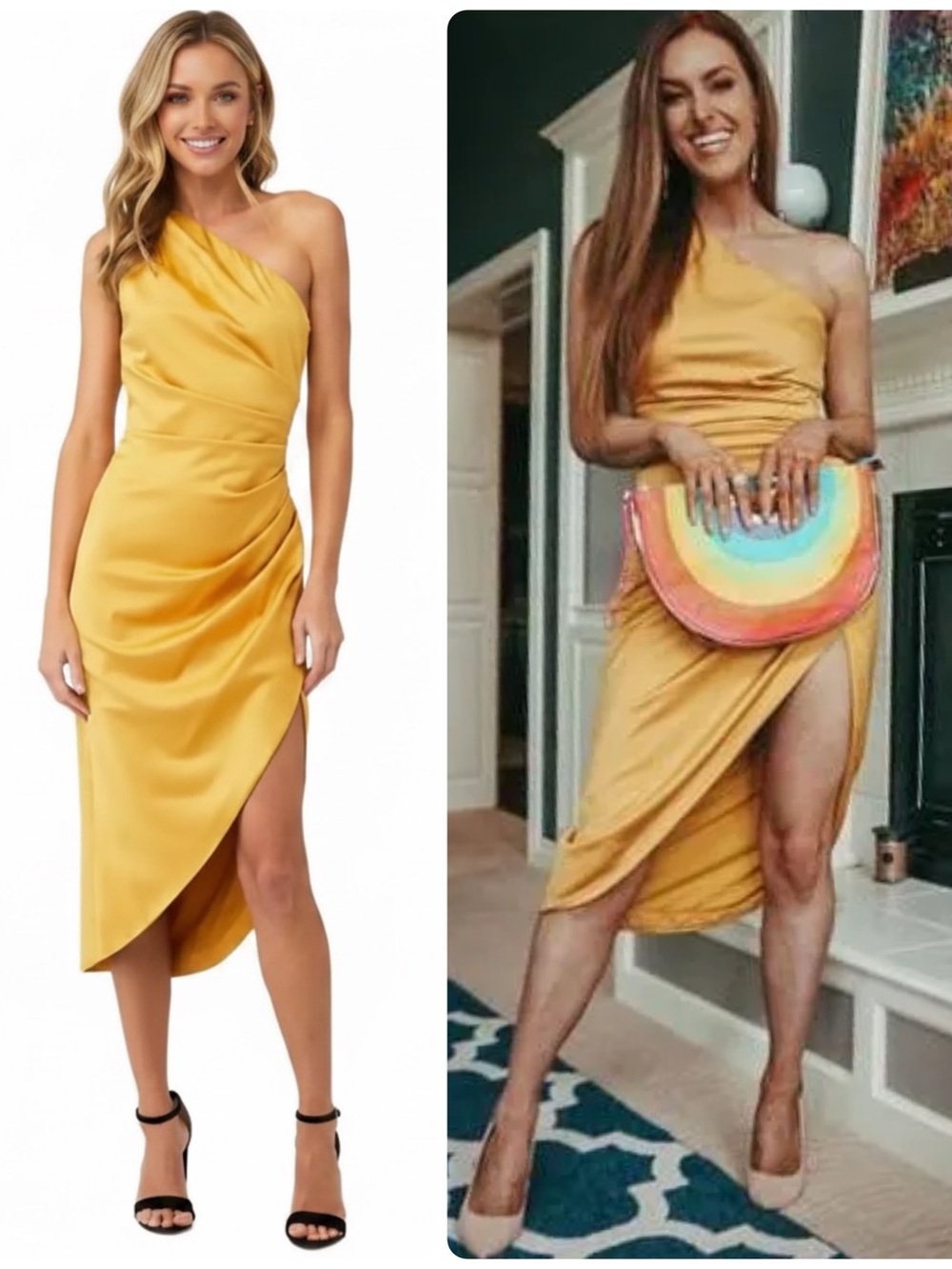 Elliatt Cassini Mustard Yellow One-Shoulder Draped Satin Lined Midi Dress $189 - Picture 7 of 9